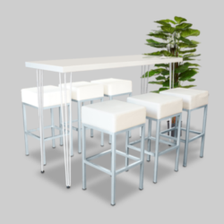 Hairpin-Long-Cocktail-Table-White-with-Catalonia-Barstools-e1651136078617
