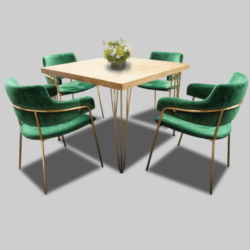 Hairpin-Square-Gold-Dining-Table-with-Eleganza-Dining-Chair-Green-e1643882573589