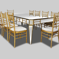 Mirage-Mirror-Dining-Table-with-Gold-Chiavari-Chairs