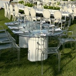 Tuscany-Oval-Glass-Dining-Table-with-Dauphin-Ghost-Armchair